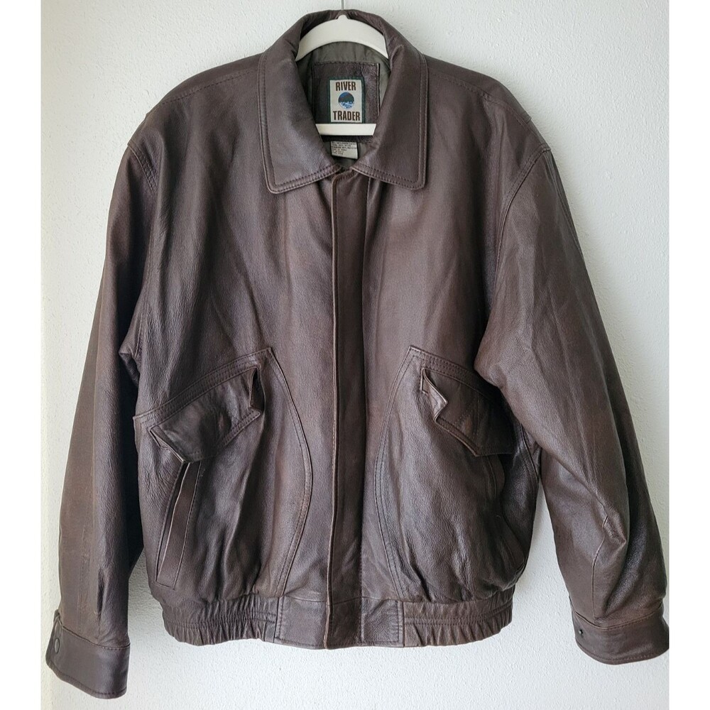 Vintage River Trader Brown Leather Bomber Jacket Men’s Large Oversized 90s